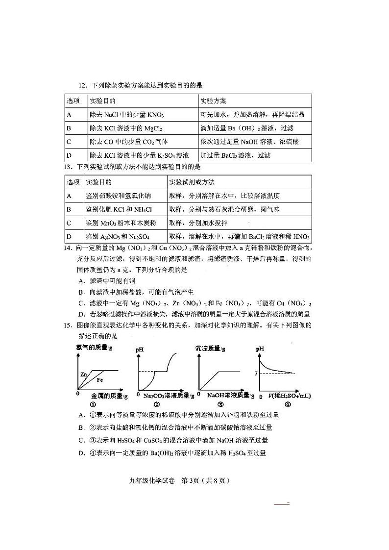天津市和平区2022年九年级第一次质量调查化学试卷含答案（初三一模）03