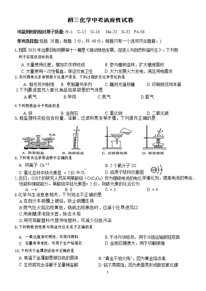 2022年江苏省苏州市苏州工业园区景城学校九年级中考适应性考试化学试卷(word版无答案)01