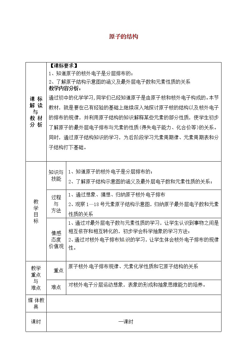 人教初中化学九上《3课题2原子的结构》word教案 (5)第1页