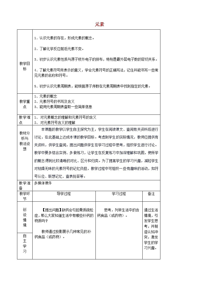 人教初中化学九上《3课题3元素》word教案 601
