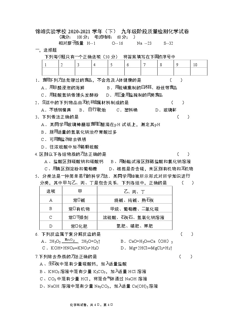 福建省石狮市锦峰实验学校2020-2021学年九年级下学期期中质量检测化学试卷（Word版 无答案）第1页