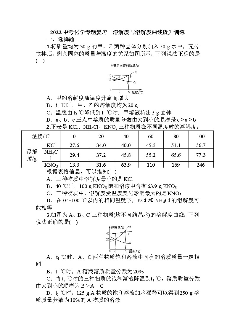 2022中考化学专题复习溶解度与溶解度曲线提升训练01
