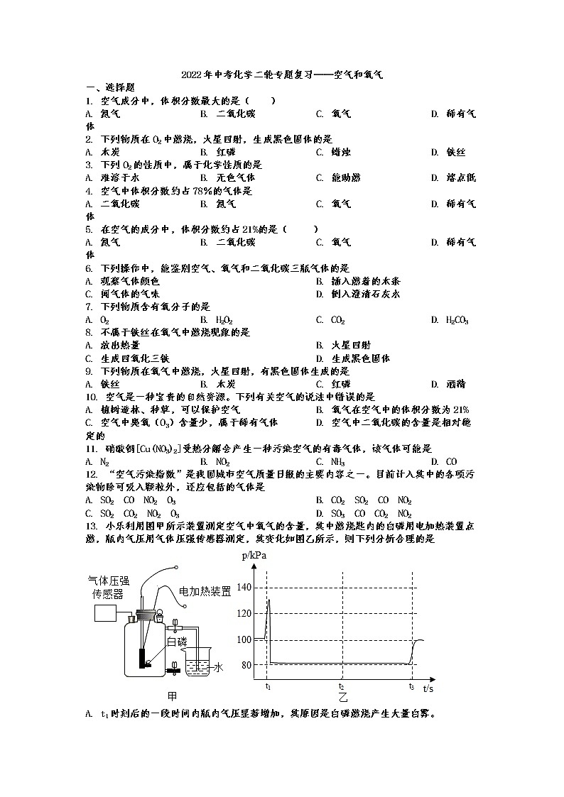 2022年中考化学二轮专题复习——空气和氧气第1页