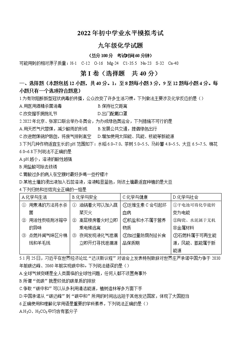 2022年山东省东营市广饶县中考一模化学试题第1页