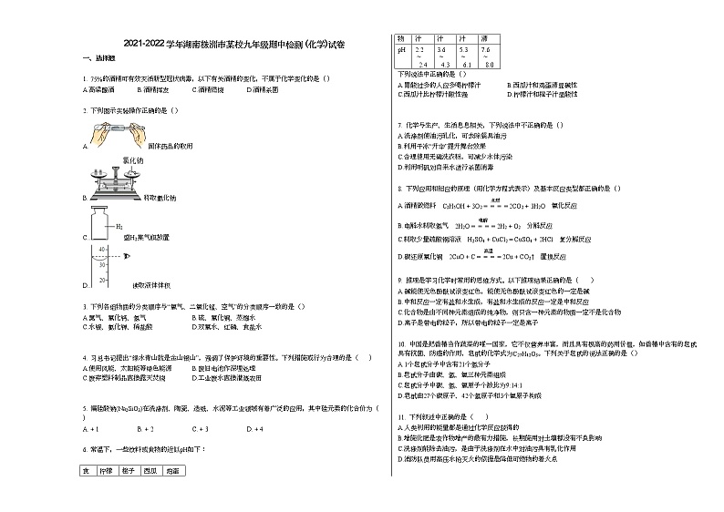 2021-2022学年湖南株洲市某校九年级期中检测_（化学）试卷人教版第1页