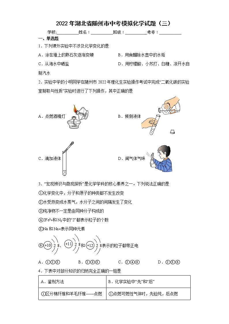 2022年湖北省随州市中考模拟化学试题（三）(word版含答案)01