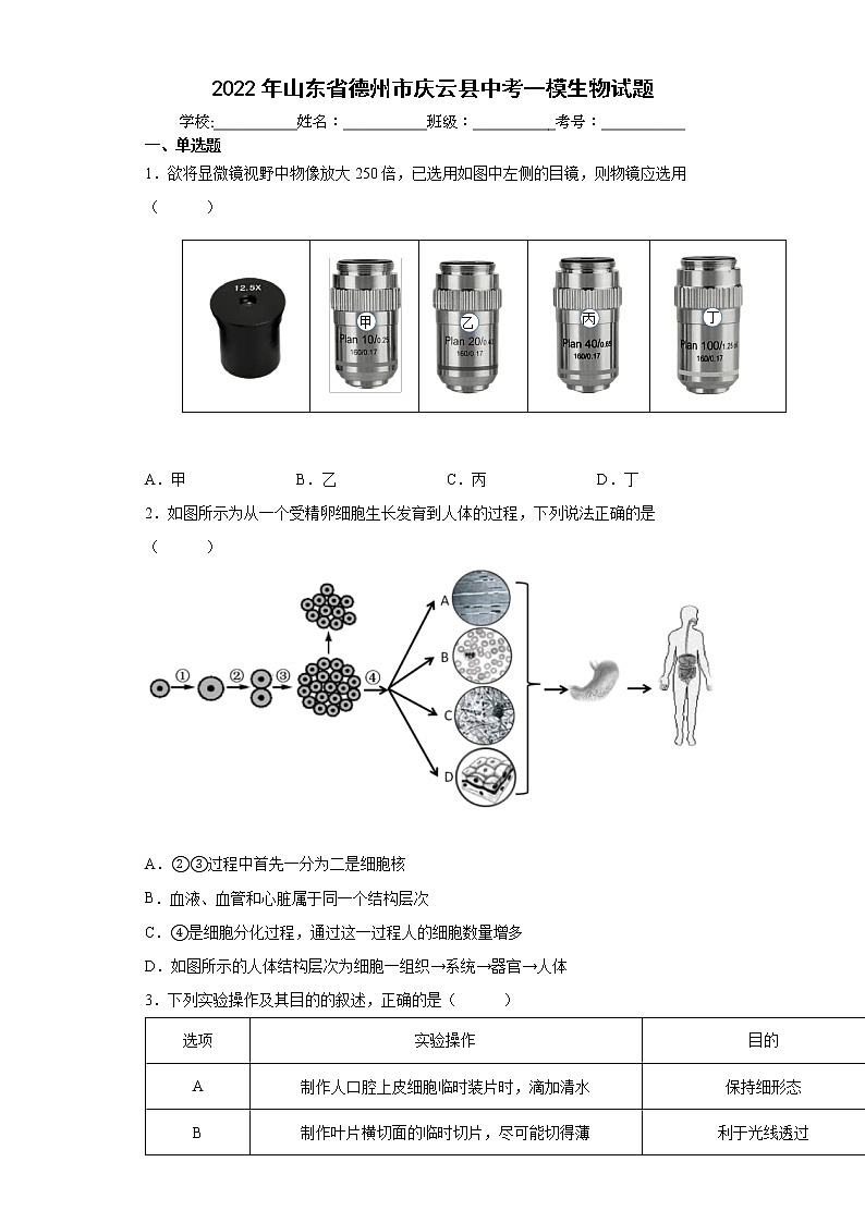 2022年山东省德州市庆云县中考一模生物试题(word版含答案)01