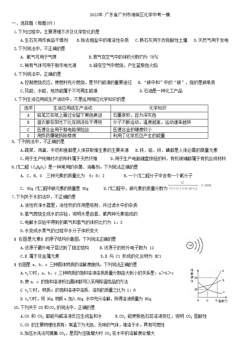 2022年广东省广州市海珠区化学中考一模试卷  有答案01