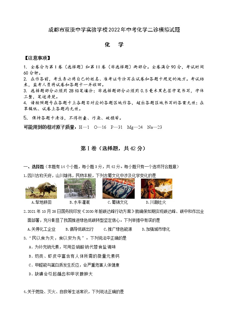 2022年四川省成都市双流中学实验学校中考化学二诊模拟试题(word版无答案)第1页