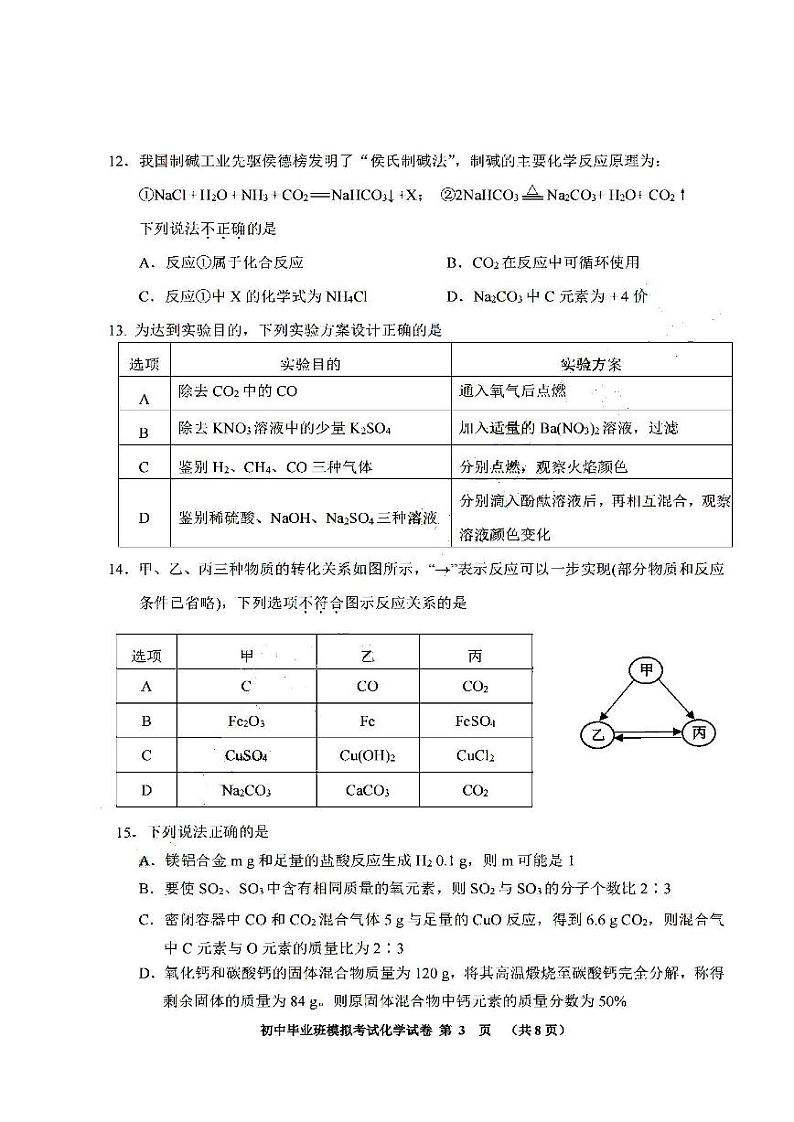 2022年天津市东丽区初三一模化学试题含答案03