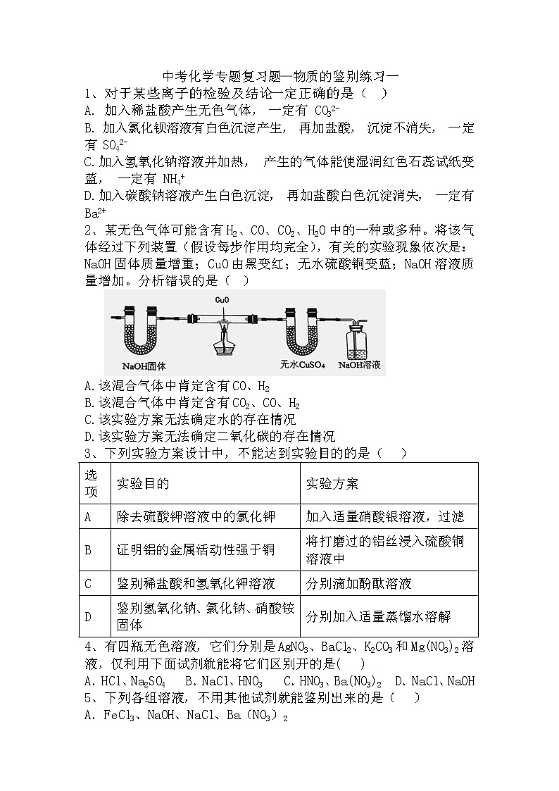 2022年中考化学专题复习题—物质的鉴别练习一（无答案）第1页