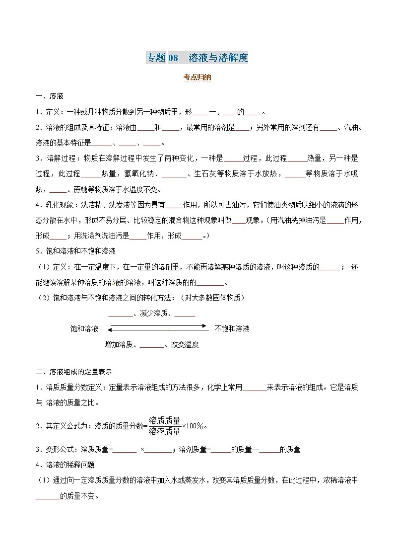 专题08  溶液与溶解度-2022年初三毕业班化学常考点归纳与变式演练（原卷版）第1页