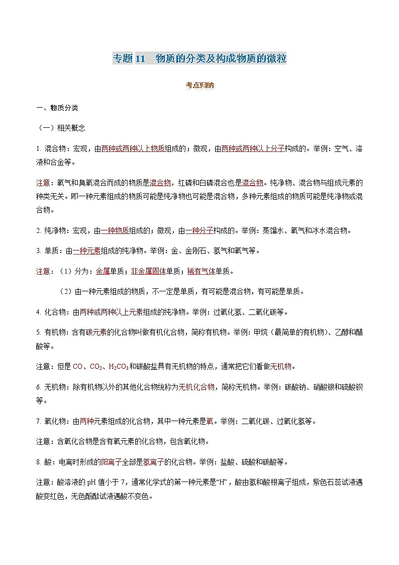 专题11   物质的分类及构成物质的微粒 -2022年初三毕业班化学常考点归纳与变式演练（解析版）第1页