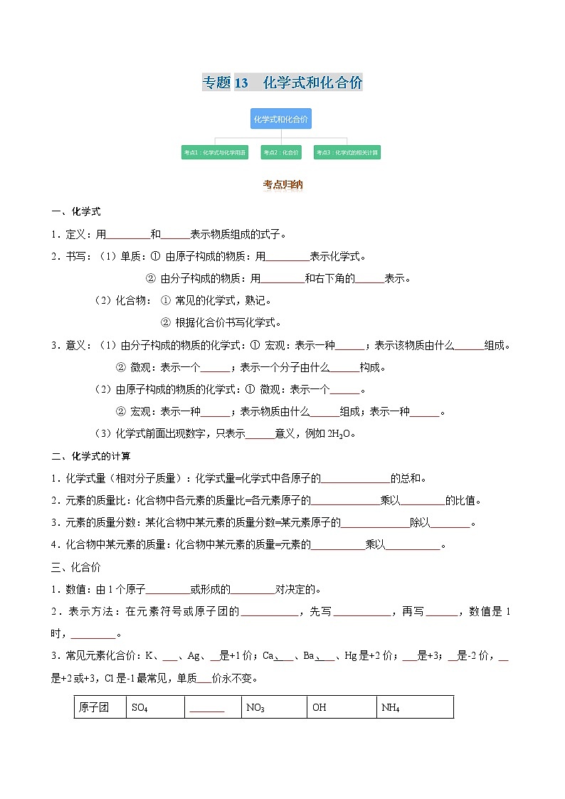 专题13   化学式与化学价-2022年初三毕业班化学常考点归纳与变式演练（原卷版）第1页