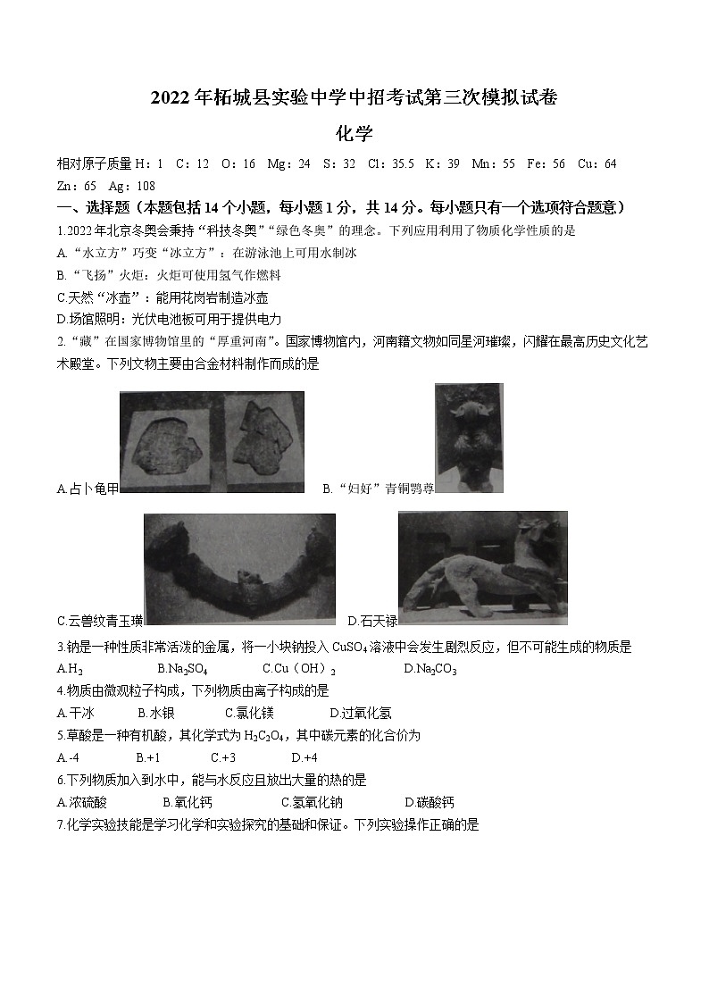 2022年河南省商丘市柘城县实验中学中招考试第三次模拟化学试题（含答案）第1页