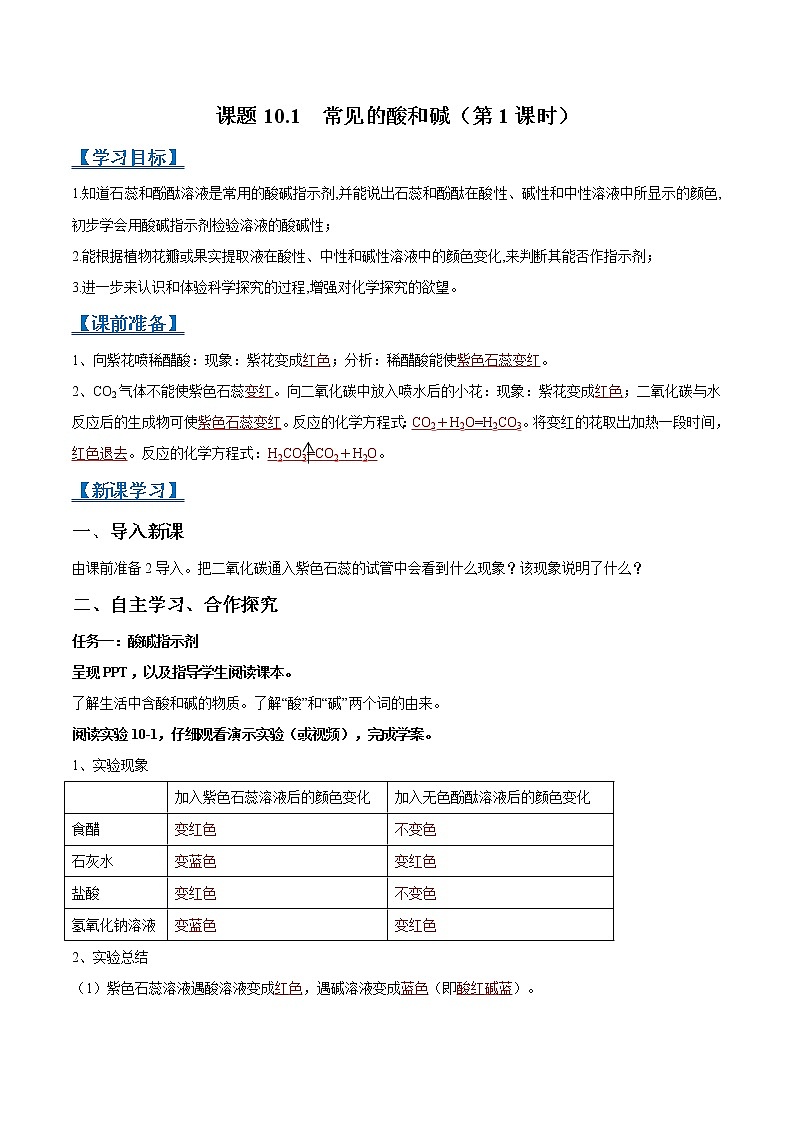 课题10.1 常见的酸和碱（第1课时）-2021-2022学年九年级化学下册精品导学案（人教版）（解析版）教案01