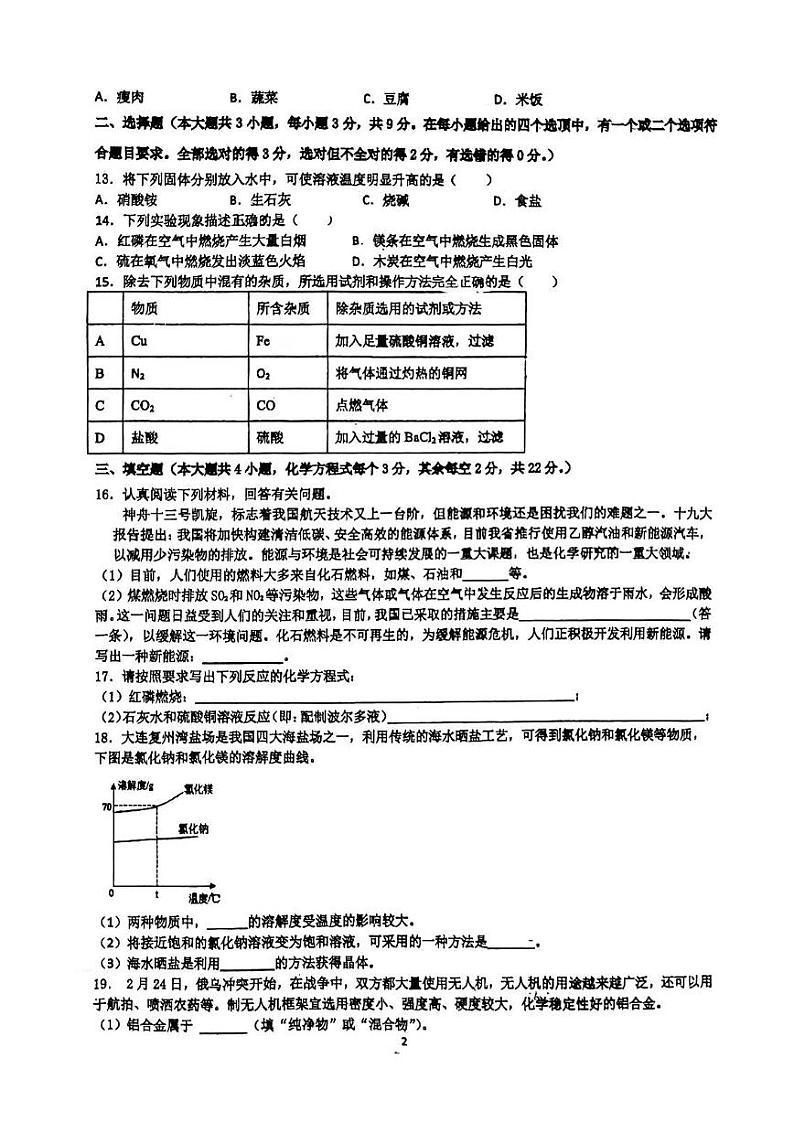 2022年湖南省长沙高新区中考调研模拟化学试题（无答案）02