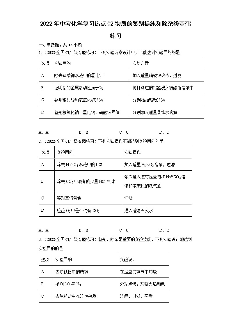 2022年中考化学复习热点----物质的鉴别提纯和除杂类基础练习（有答案）第1页