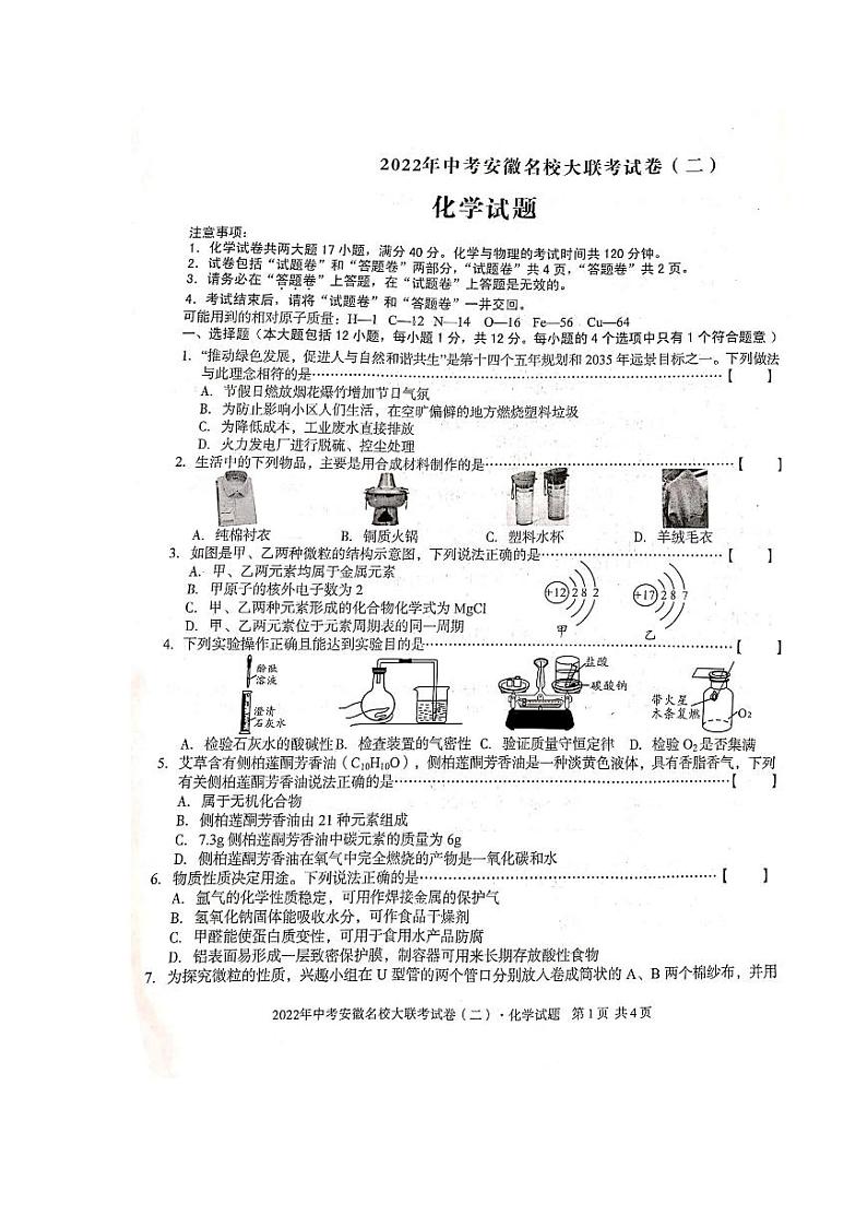 2022年中考安徽名校大联考试卷（二）化学试题（PDF版，含答案）第1页
