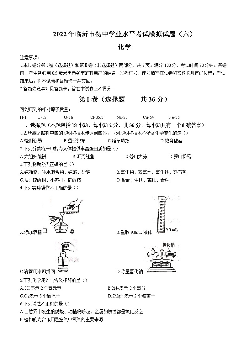 2022年山东省临沂市中考模拟化学试题（六）(word版含答案)第1页