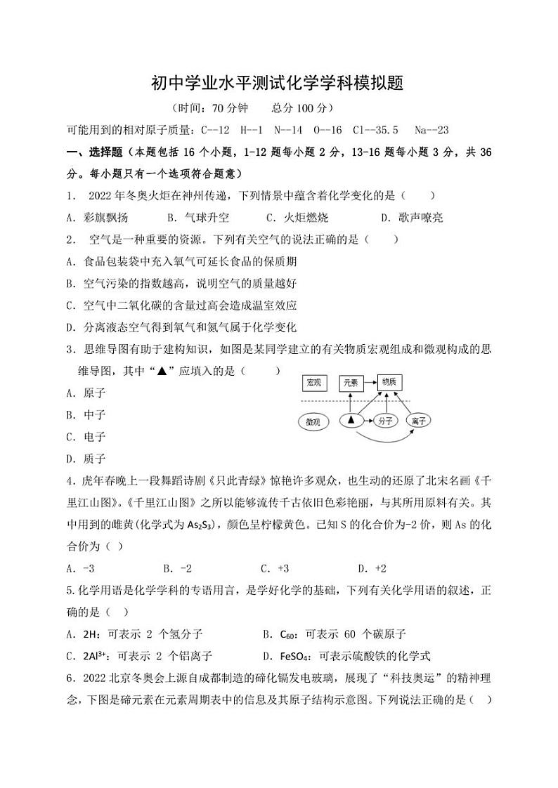 2022年山东省德州市初中学业水平模拟测试化学试题6 (含答案)01