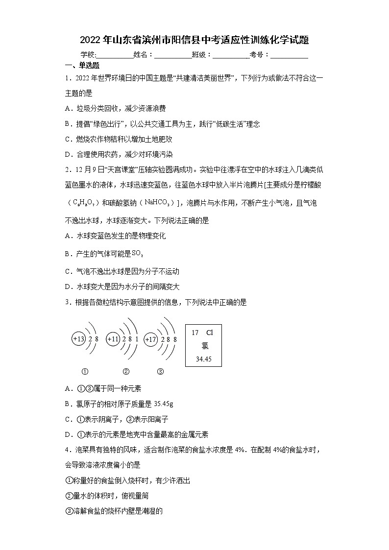 2022年山东省滨州市阳信县中考适应性训练化学试题(word版含答案)第1页