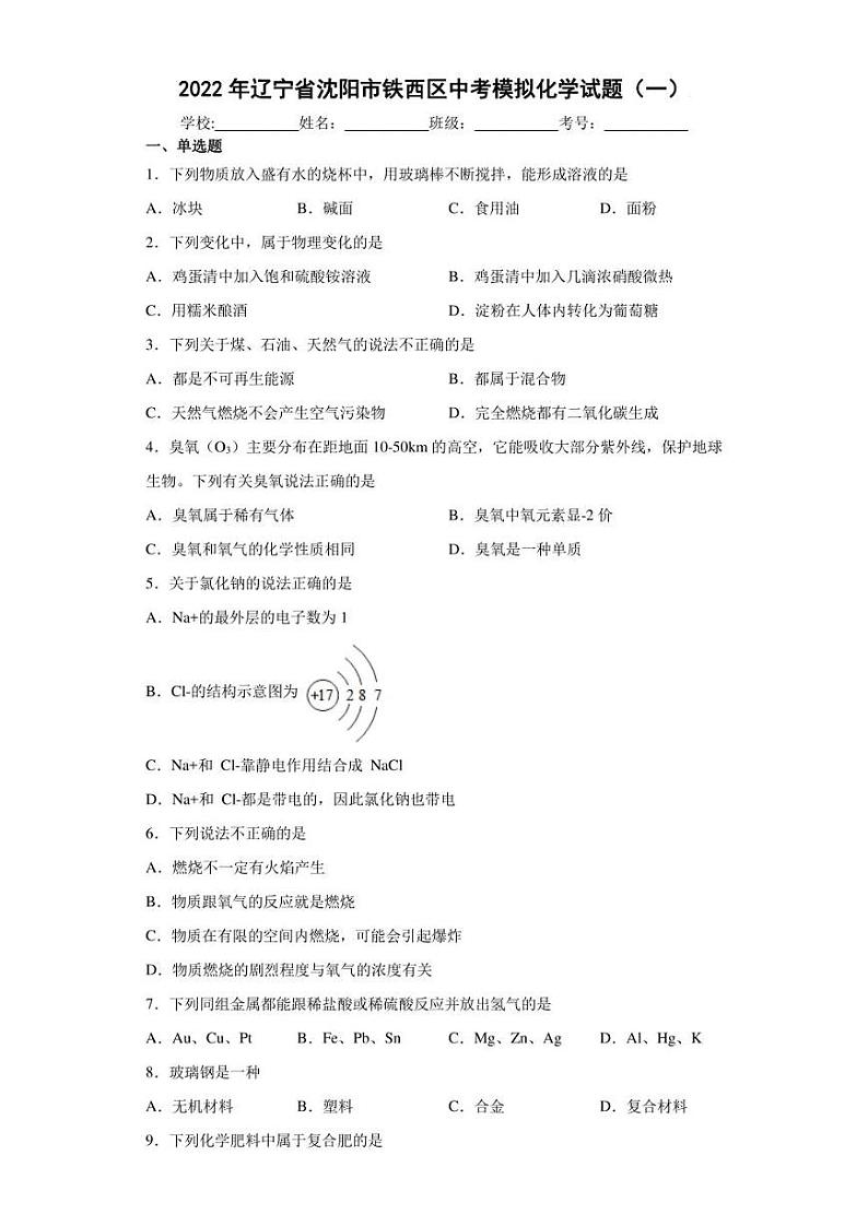 2022年辽宁省沈阳市铁西区中考模拟化学试题（一）(含答案)第1页