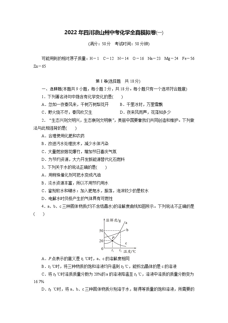 2022年四川省凉山彝族自治州中考化学全真模拟卷(一)第1页