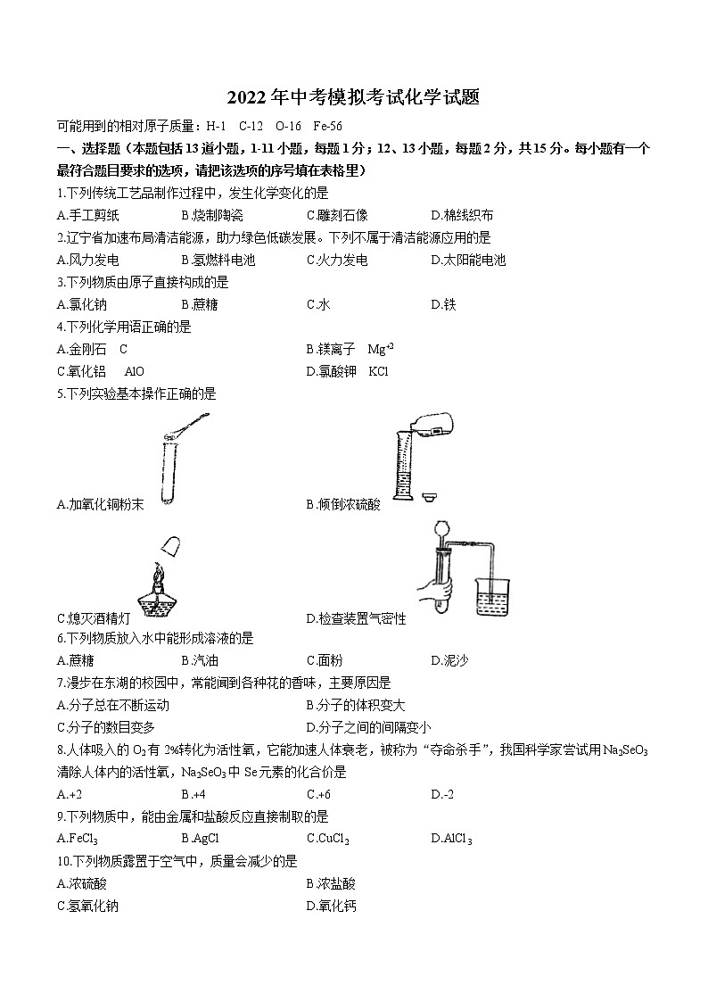 2022年辽宁省沈阳市法库县中考一模化学试题（有答案）01