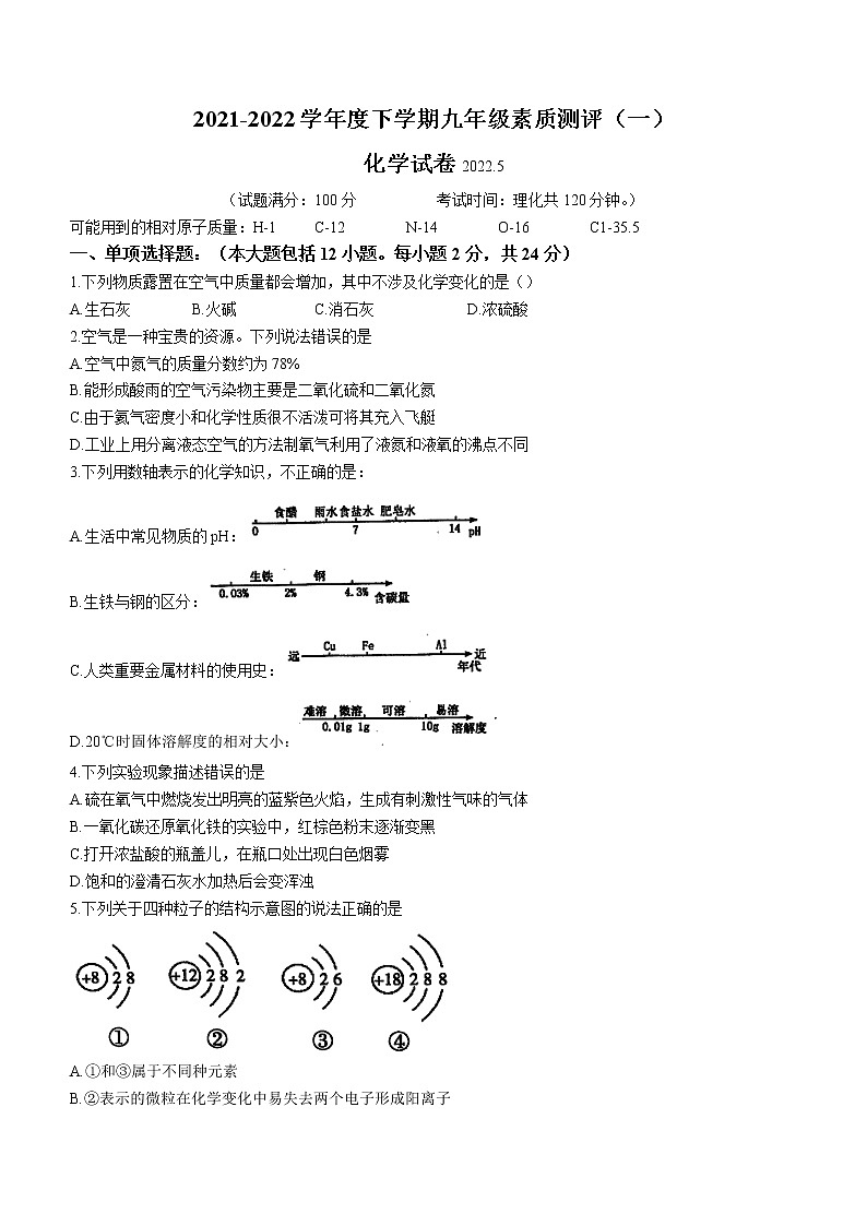 2022年辽宁省阜新市海州区、细河区中考一模化学试题（有答案）01