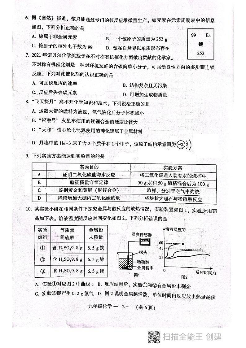 福建省福州市2022年九年级下学期适应性练习一检化学卷及答案（图片版）02