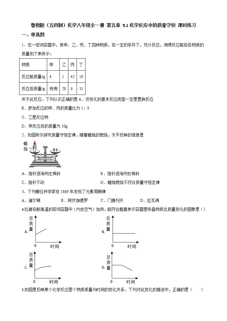 鲁教版（五四制）化学八年级全一册 第五章 5.1化学反应中的质量守恒 课时练习(含答案解析）第1页