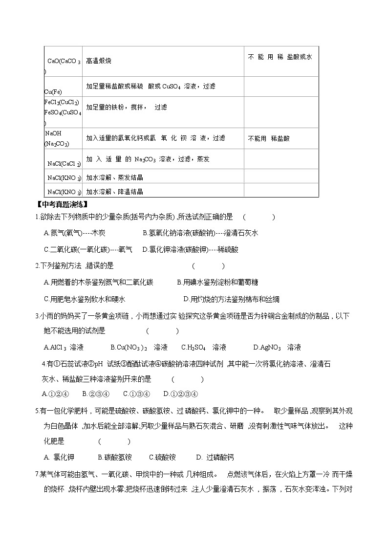 2022年中考化学点对点总复习专题02  物质的鉴别和除杂03