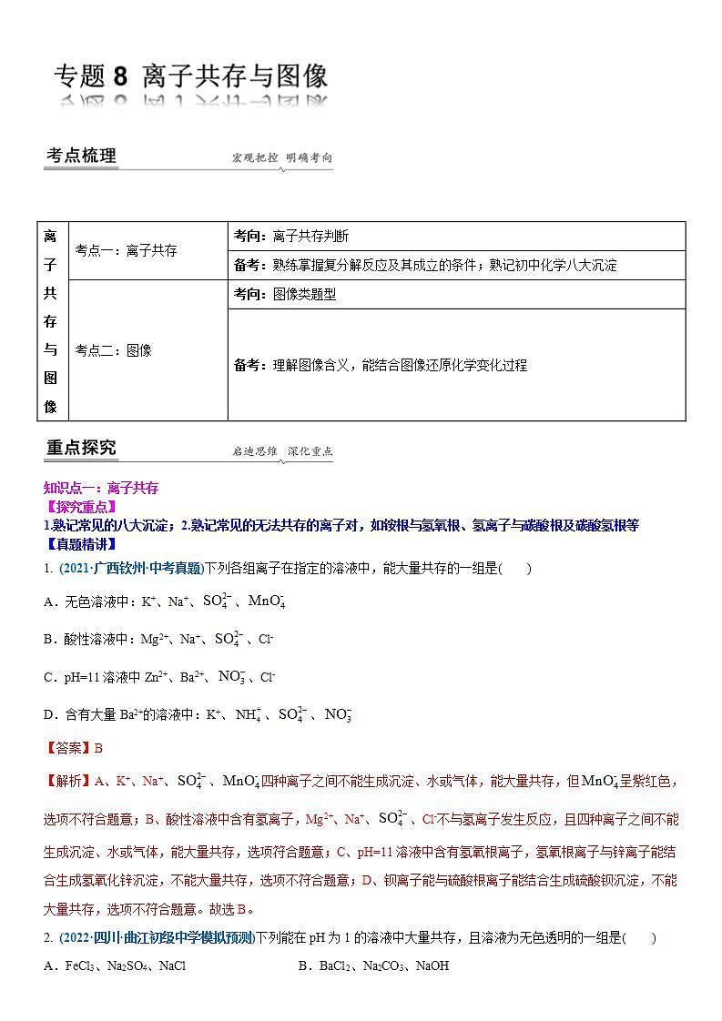 2022年江苏省中考二轮复习沪教版化学专题8 离子共存与图像(解析版)第1页