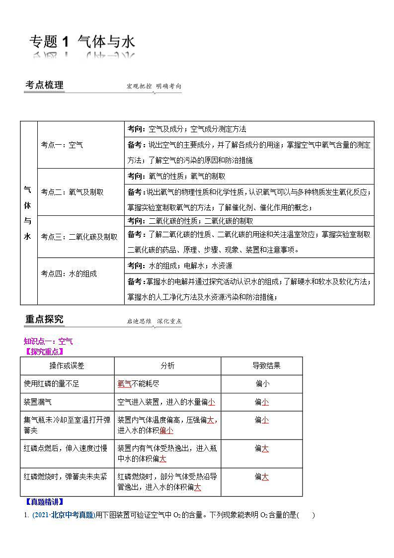2022年江苏省中考二轮复习沪教版化学专题1 气体与水(原卷版)第1页