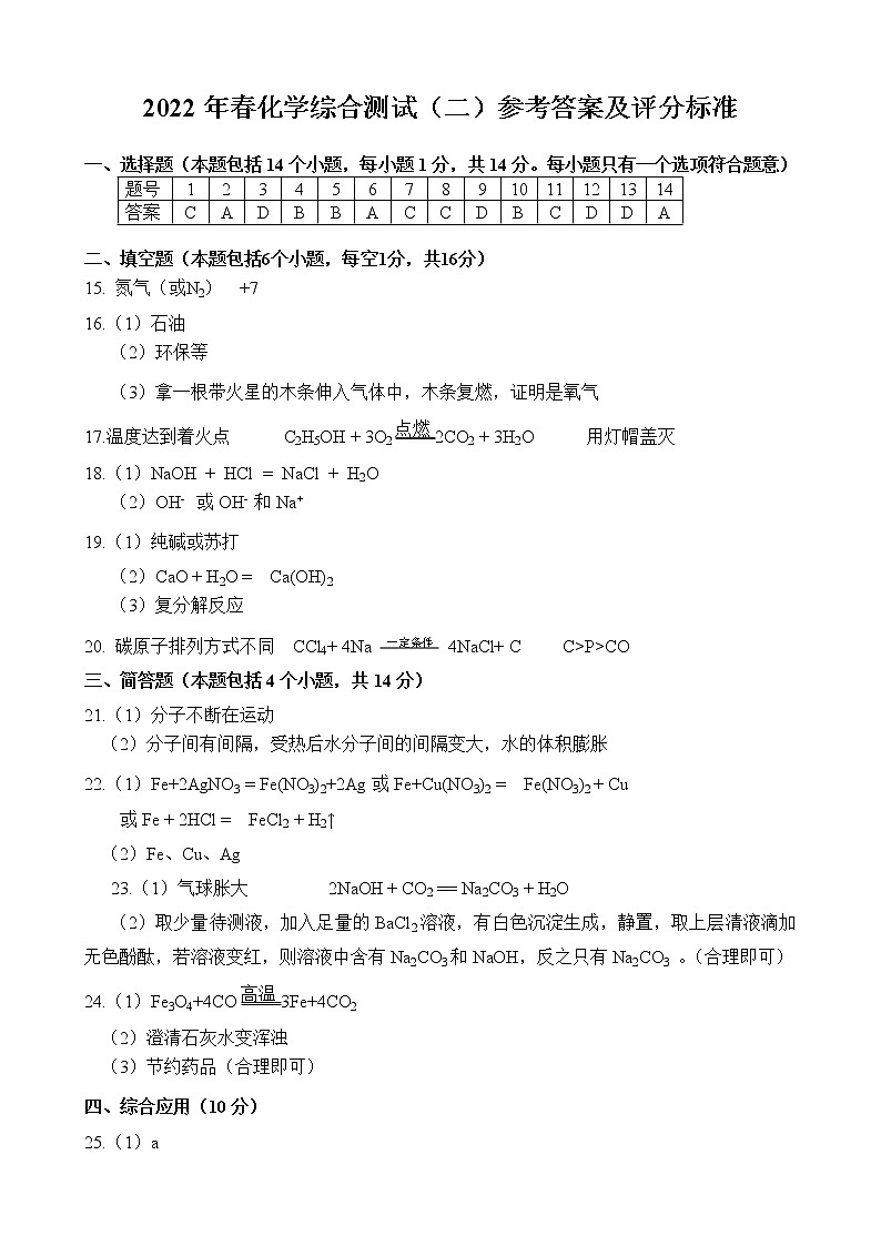 2022年春化学综合测试（二）参考答案及评分标准第1页
