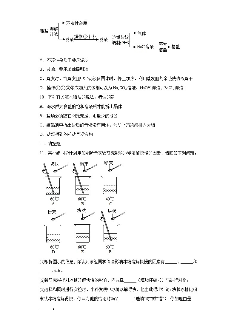 鲁教版（五四制）化学九年级全一册 3.2 海水晒盐 同步练习(1)(含答案解析）第3页