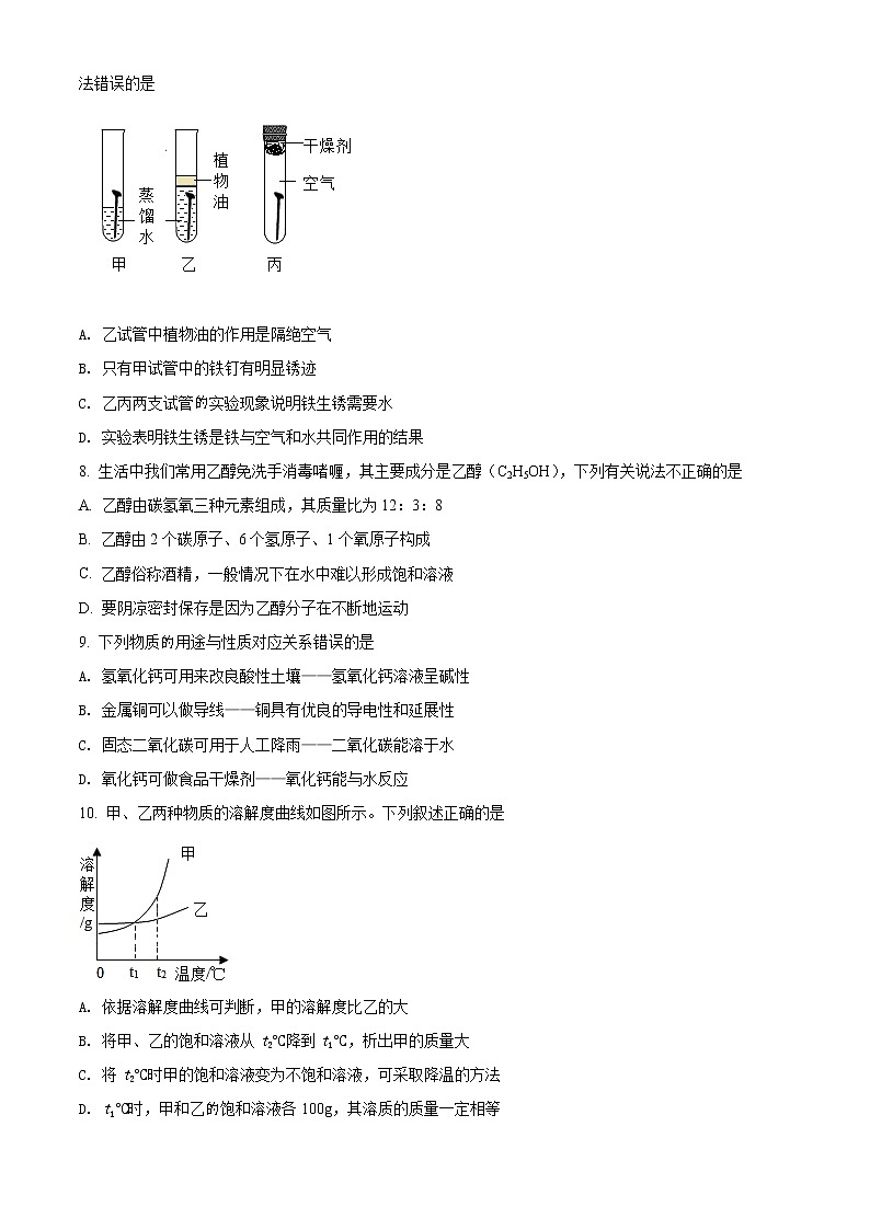 2022年湖北省宜昌市枝江市中考一模化学卷及答案（试卷）02