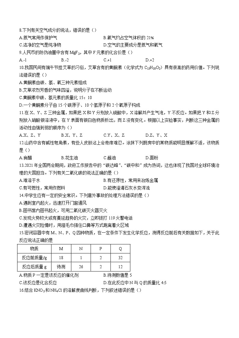 2022年山东省德州市宁津县中考二模化学试题(word版无答案)第2页