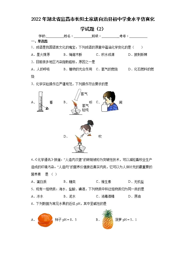 2022年湖北省宜昌市长阳土家族自治县初中学业水平仿真化学试题（2）(word版含答案)01