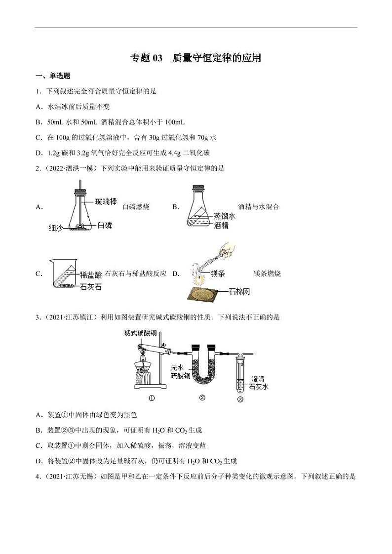 专题03 质量守恒定律的应用（专项训练）-2022年中考化学二轮复习讲练测(原卷版)第1页