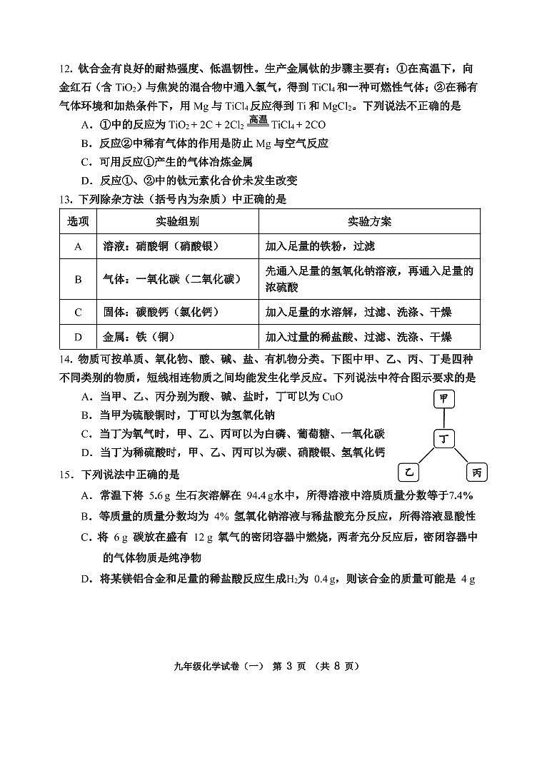 2022年天津市河西区中考初三一模化学试卷+答案（超清版）第3页
