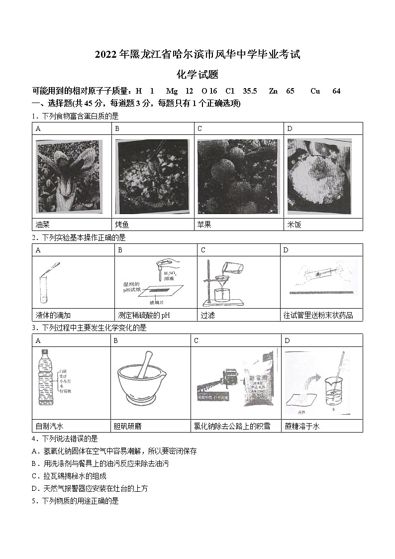 2022年黑龙江省哈尔滨市风华中学毕业考试化学试题(word版无答案)01
