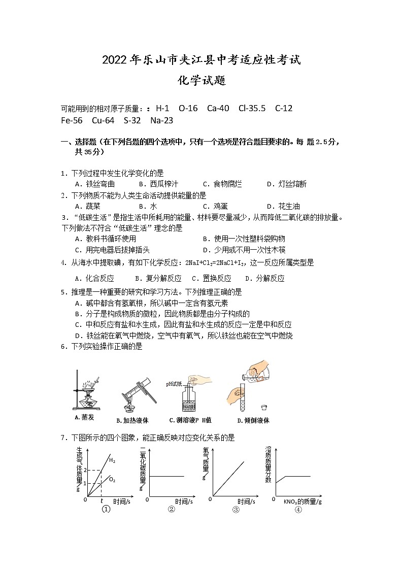 2022年四川省乐山市夹江县中考适应性考试化学试题(word版含答案)01