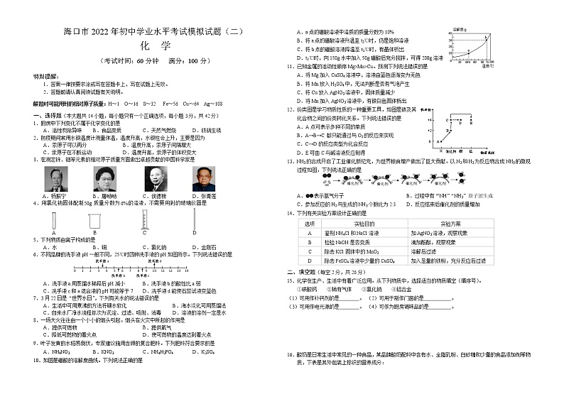 2022年海南省海口市初中学业水平化学模拟卷第1页