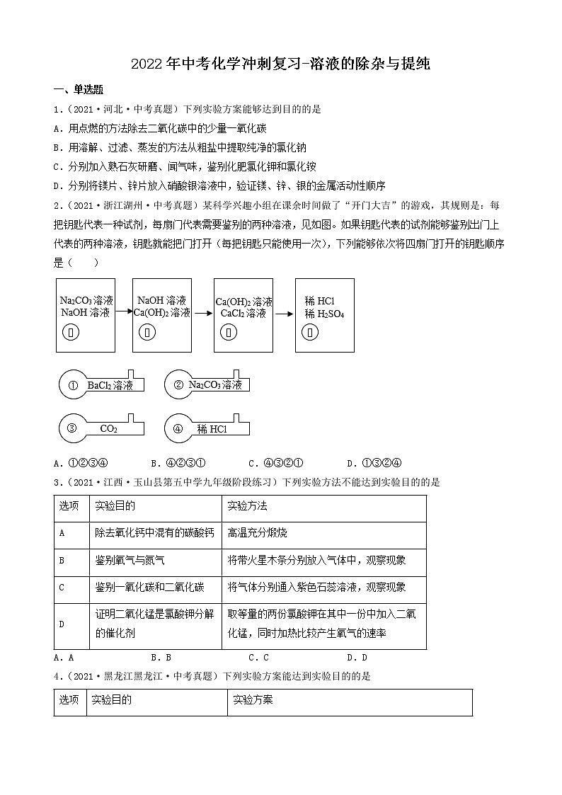 2022年中考化学冲刺复习-溶液的除杂与提纯第1页