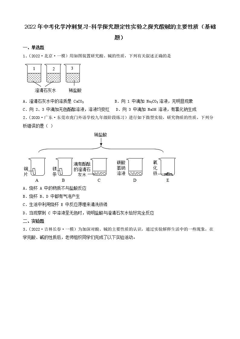 2022年中考化学冲刺复习-科学探究题定性实验之探究酸碱的主要性质（基础题）第1页