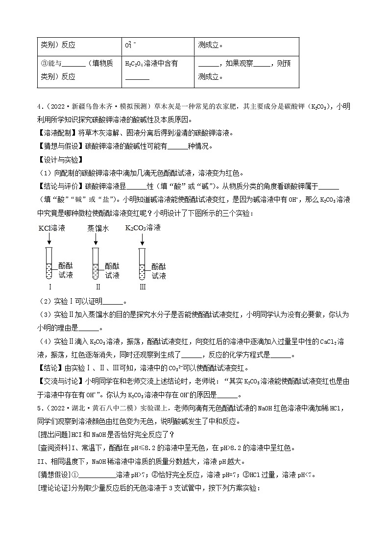 2022年中考化学冲刺复习-科学探究题定性实验之探究酸碱的主要性质（困难题）第3页