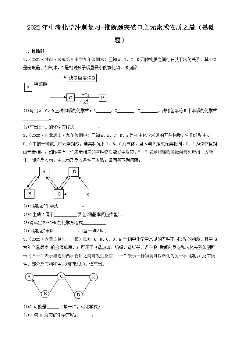 2022年中考化学冲刺复习-推断题突破口之元素或物质之最（基础题）第1页