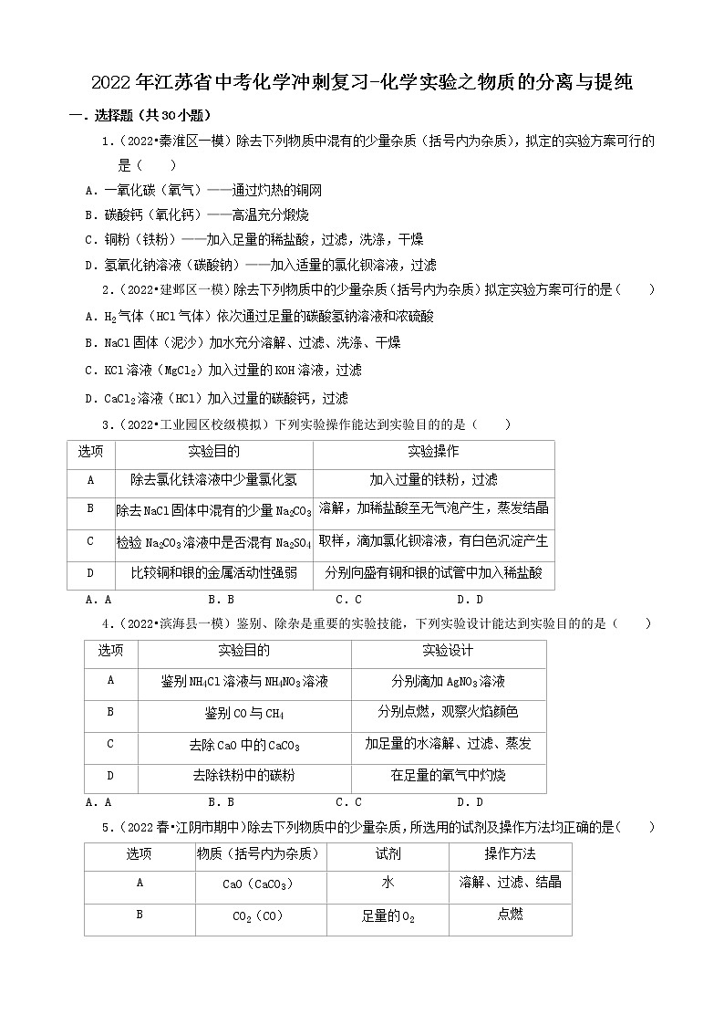 2022年江苏省中考化学冲刺复习-化学实验之物质的分离与提纯第1页